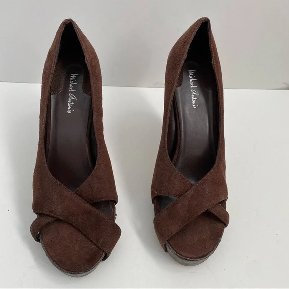 Michael Antonio Brown Suede Peep Toe Platform Heels - Picture 7 of 13